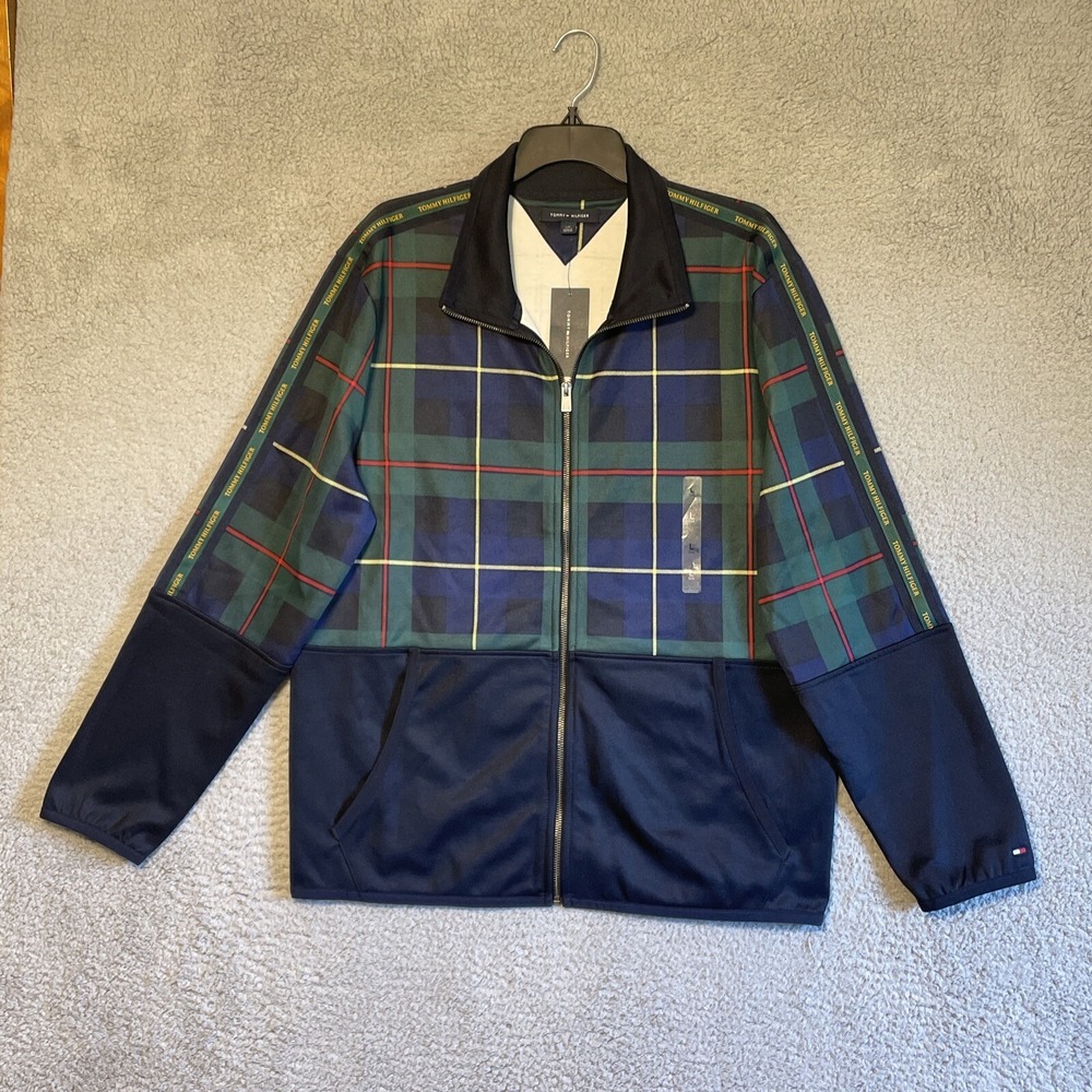 Tommy Hilfiger Plaid Full Zip Track Jacket Men's Size Large Navy Green Red